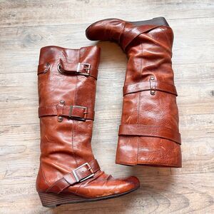 Miss Sixty Daker Cognac Leather Buckle Boots EU 37.5 US 7.5 Brown Moto Knee High